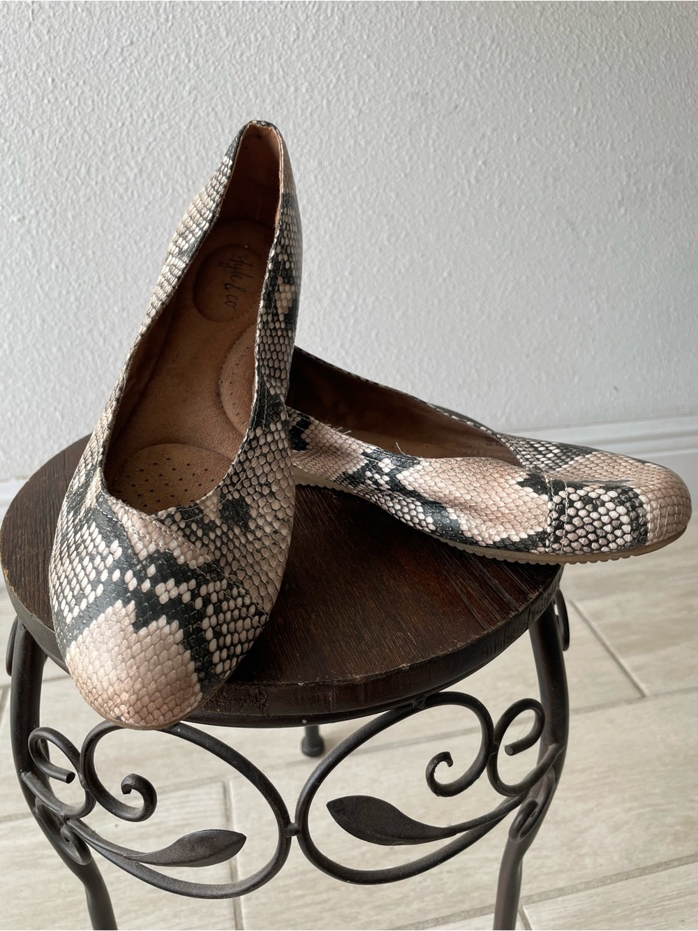 Style & Co. Beige and Black Snake-Print Ballet Flats